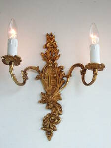 フランスアンティーク ブラケット 電球付き 2灯 ブロンズ 青銅 ランプ ライト 壁付け ウォール 蚤の市 キャンドル ゴールド　照明
