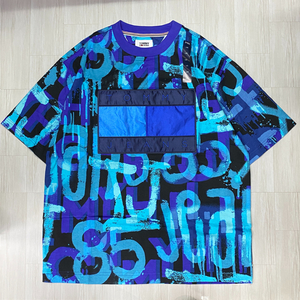 TOMMY HILFIGER USA正規品 【L】 TommyJeans トミージーンズ TJ 総柄 90s オーバーサイズ Tシャツ ブルーリバーフォグ (R4F-23)