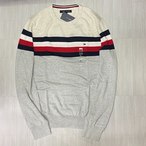 USA限定 【L】トミーヒルフィガー TOMMY HILFIGER カラーブロック クルーネック コットンニットセーター グレー エクリュ (R4F-13)