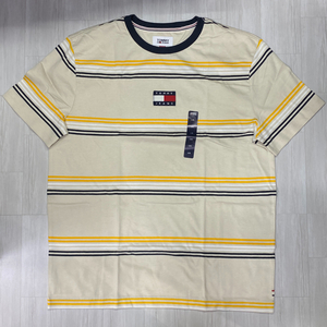 TOMMY HILFIGER USA正規品 【2XL】 TommyJeans トミージーンズ TJ ストライプ バッジロゴ 90s オーバーサイズ Tシャツ Oatmeal (R4F-5)