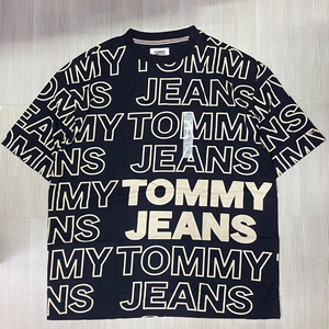 TOMMY HILFIGER USA正規品 【M】 TommyJeans トミージーンズ TJ総柄 90s オーバーサイズ ビッグ Tシャツ 濃紺 スカイキャプテン (R4F-9)