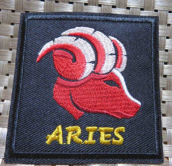 牡羊　太角　黒CP　星座　正方形◆新品　ARIES 　アリエス　牡羊座、おひつじ座、白羊宮　US刺繍ワッペン◆激シブ■ミリタリー・サバゲー