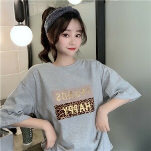 ボックス ロゴ 豹柄 ヒョウ柄 半袖 Tシャツ ビッグシルエット グレー