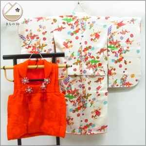 * kimono 10* 1 jpy silk child kimono for girl folding crane plum maple ... cloth set . length 90cm.48cm [ including in a package possible ] **