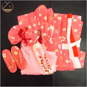 * kimono 10* 1 jpy .. child kimono for girl .. flower underskirt *. cloth * pouch * zori set . length 79cm.39.5cm [ including in a package possible ] **