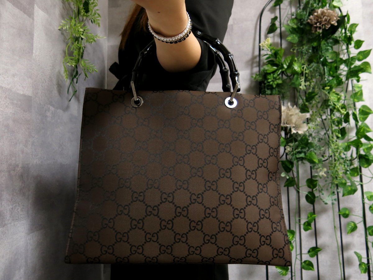 GUCCI グッチ 肩掛け バンブー トートバッグ ブラック モノグラム
