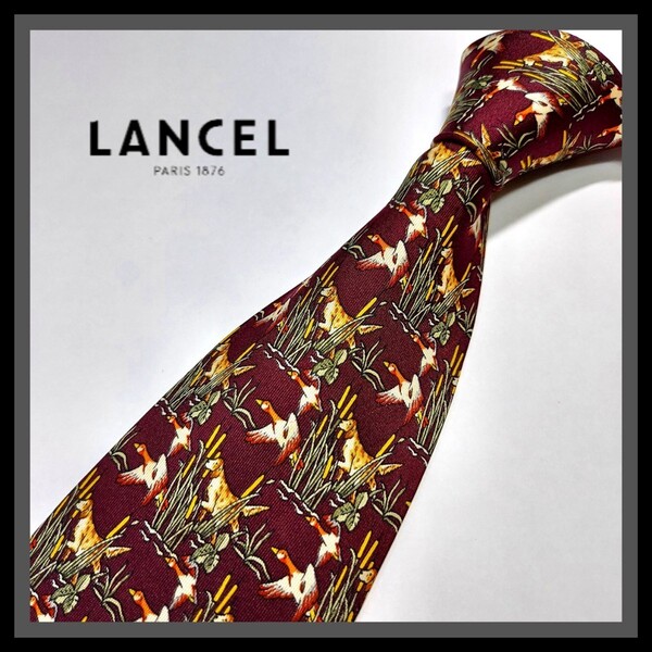 160【LANCEL】ランセル ネクタイ 赤×鳥×犬