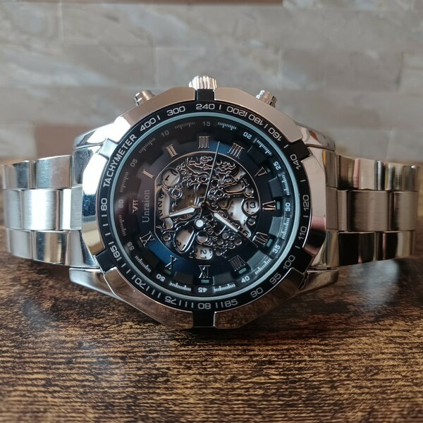新品 彫スケルトンUnraion 腕時計メンズ ラグジュアリーステンレス 青