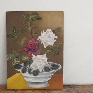 ふるい板絵 薔薇 1956 / 油彩 油絵 昭和レトロ HK-a-01371