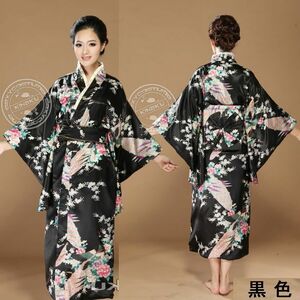 Новая неиспользованная бесплатная доставка BC54 Black Long Kimono платье Yukata Cosplay Kimono Long Dress Floral Pattern показывает костюм и униформа для партийных магазинов