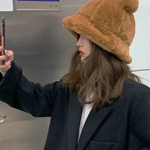 ☆クマさんキャップ☆バケットハット☆ブラウン☆可愛い☆大人気☆韓国☆暖かい☆ふわふわ☆フェイクファー☆