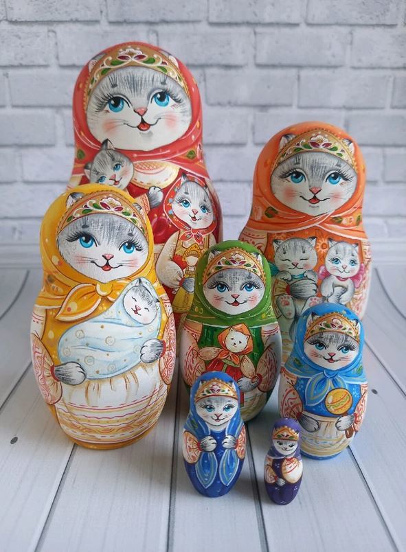 ★Russian goods Matryoshka ~ Rainbow-colored cat, cat, cat ~ 7 pieces Artist's item, handmade works, interior, miscellaneous goods, ornament, object