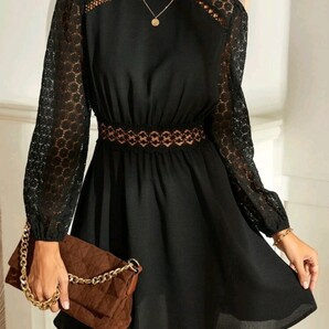 レディース M レース インサート パフスリーブ ワンピース ドレス