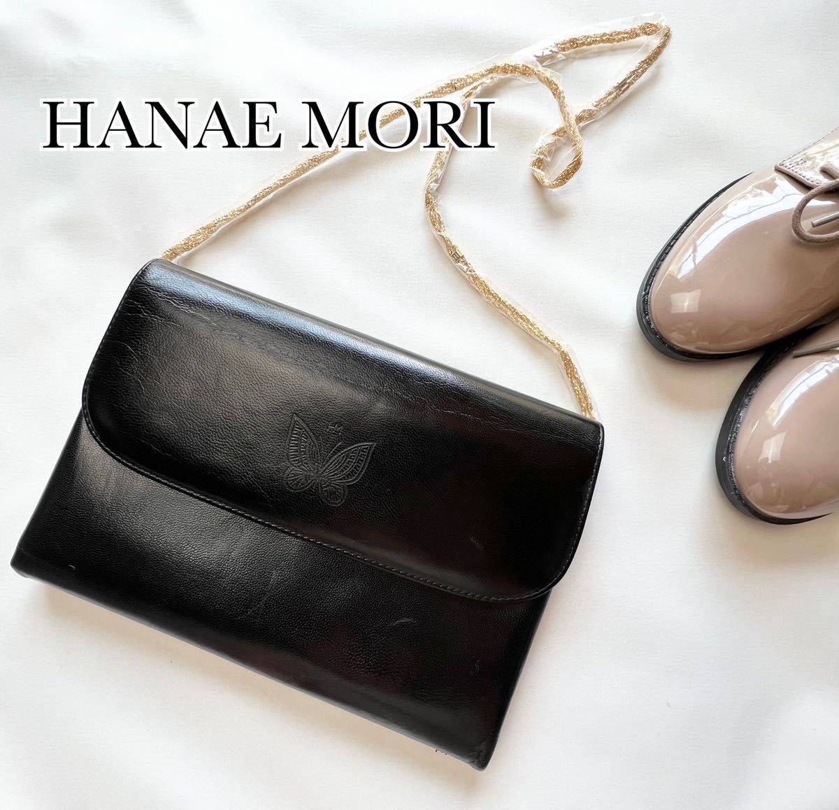 HANAE MORI シャイニングクロコダイル ハンドバッグ 黒 センター