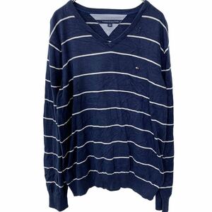 TOMMY HILFIGER ニット XLサイズ ビッグサイズ ボーダー Vネック ネイビー ホワイト 古着卸 アメリカ仕入 t2209-3585