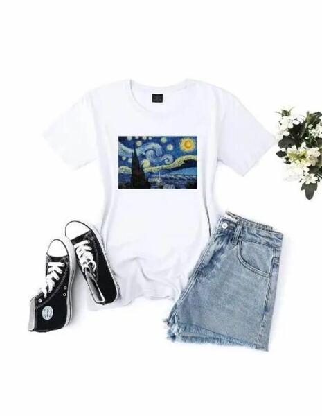 【★新品・未使用★メンズL★送料無料！】ゴッホ 星月夜 The Starry Night アート ART Tシャツ 白 ホワイト WHITE 絵画 名画 半袖 tee