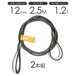 玉掛けワイヤーロープ 2本組 両アイロック加工 黒(O/O) 12mmx2.5m JISワイヤーロープ
