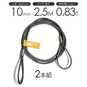 玉掛けワイヤーロープ 2本組 両アイロック加工 黒(O/O) 10mmx2.5m JISワイヤーロープ