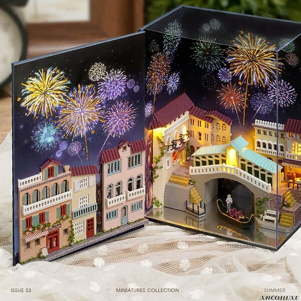 ブック型 ドールハウス 花火と水上の都 ミニチュア LEDライト 立体的 人形 お家 おままごと 組み立て プレゼント 模型 おもちゃ