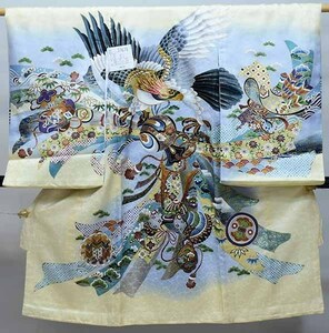 お宮参り 産着 のしめ 男児 男の子 正絹 綸子地 豪華絢爛 金刺繍 鷹 クリーム 祝着 新品 (株) 安田屋 NO37679 NO37878