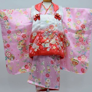  "Семь, пять, три" три лет женщина . натуральный шелк кимоно hifu предмет праздничная одежда полный комплект воротник с мехом kawaiina новый товар ( АО ) дешево рисовое поле магазин NO23971