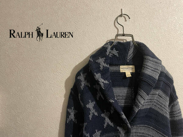 ◯ Ralph Lauren 星条旗 ショールカラー カーディガン / ラルフローレン コットン ニット ボーダー スター ネイビー XXS Ladies #Sirchive