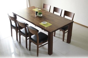 /新品/送料無料/テーブルセット6人掛 天然木ウォールナット無垢/北欧調デザイン 質感 重厚感ある/シンプル テーブル1 +緩やかカーブチェア6