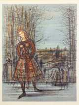 ジャン・カルズー 1965年カンヴァスジクレー「公園の若い女の子」画寸 37.5cm×49cm シリア人作家 針金様のシャープな線 黄昏時の公園 6563_画像2