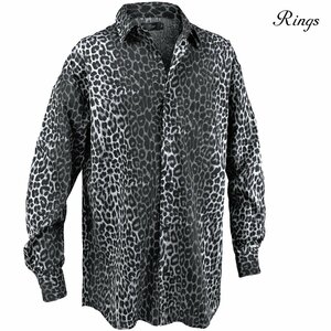 112709-99 長袖シャツ 豹柄 レギュラーカラー オーバーサイズ ゆったり カジュアルシャツ メンズ(グレーブラック灰黒) 44(M) 総柄 レオパー
