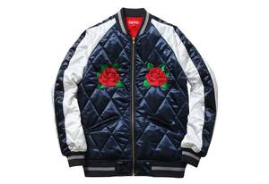 ★値下げ【即決/送料込】Supreme Quilted Satin Bomber Jacket Navy×White S 13FW シュプリーム ジャケット スカジャン