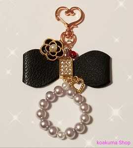 * hand made * original key holder bag charm BIG ribbon pearl × turtle rear { black A}