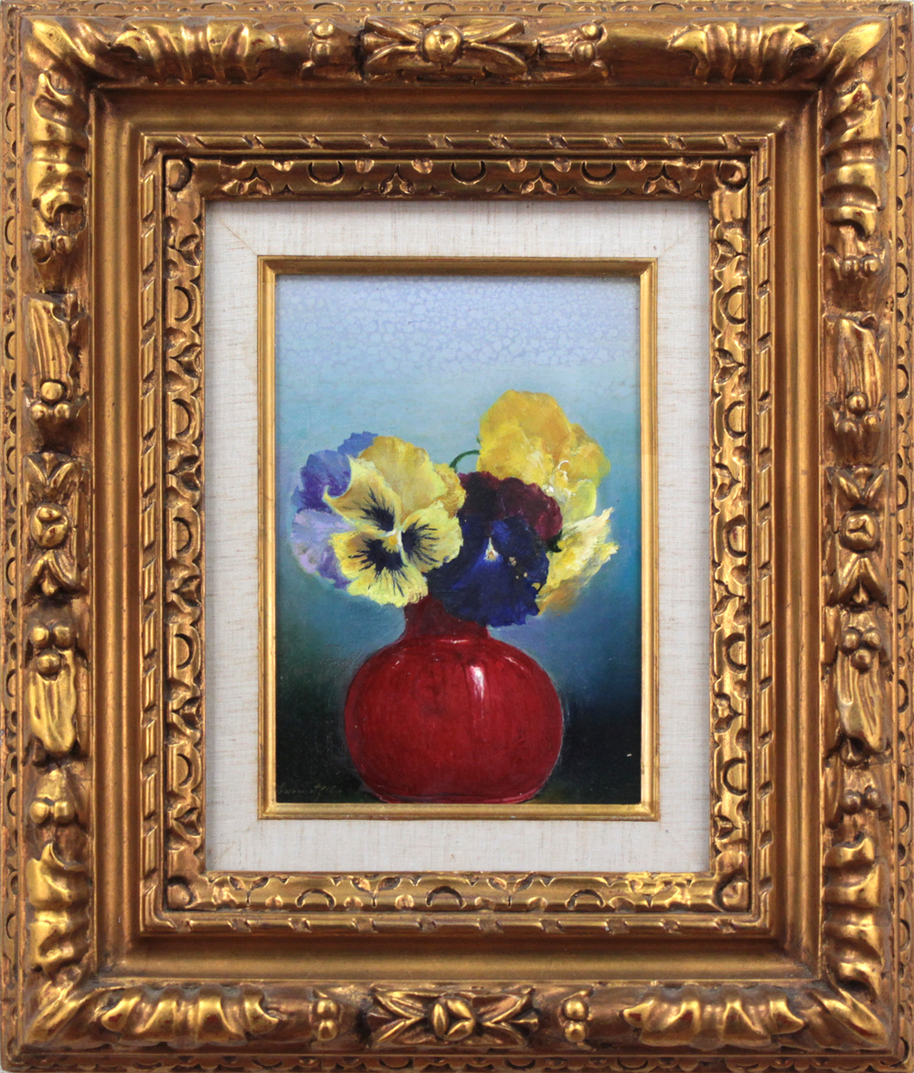 لوحة زيتية لزهرة البنفسج ثلاثية الألوان لكاتسومي أكاماتسو (مؤطرة), تلوين, طلاء زيتي, باق على قيد الحياة