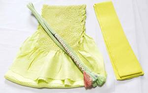 小物5　帯締め帯揚げ伊達衿セット　絞り中抜き　黄緑系　USED品　絹