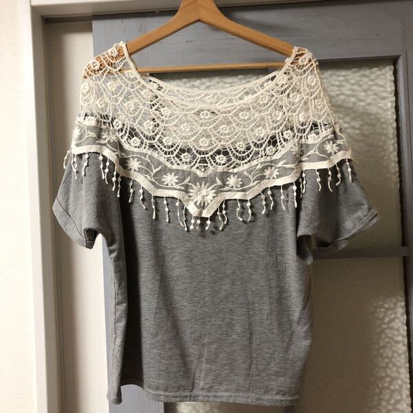 半袖 Tシャツ 肩レース ナチュラル グレー 透かし クロシェ かぎ針編み