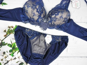 WSE02-LL/LL* bra & shorts set new goods / navy blue * light brown group non wire chu-ru floral print embroidery * lace ribbon 