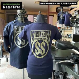 BETRUNKENER RADFAHRER ベェトォンナ ラドファ エンブレム Tシャツ Mサイズ ネイビー レディース BIKER モーターサイクル 