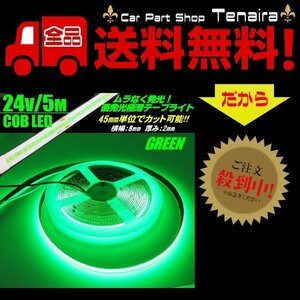24v COB 面発光 LED テープライト 5ｍ巻き 極薄2mm 緑 グリーン 色ムラなし カット使用可能 ランプ アンドン メール便送料無料/2