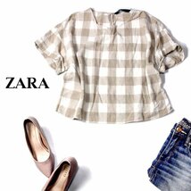 ☆☆ 美品 ザラ ZARA ☆☆ 可愛いチェック柄 麻綿 カットソー M 春 夏 22A09_画像1