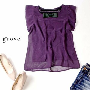 ☆☆ 美品 (株)ワールド grove グローブ ☆☆ 可愛いグログランリボン シフォン カットソー M 春 夏 22B09