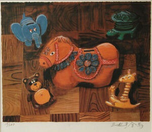 【版画】三遊亭金馬 おもちゃの動物 リトグラフ/額付き アート インテリア 11440