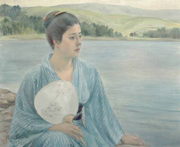 新品 木製額入り 黒田清輝「湖畔」の特殊技法高級印刷画 光触媒加工 特価2480円(送料込)即決