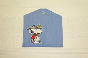 mask case 12.5×14. Denim sax blue Snoopy badge attaching mask inserting Flat type temporary put hand made 