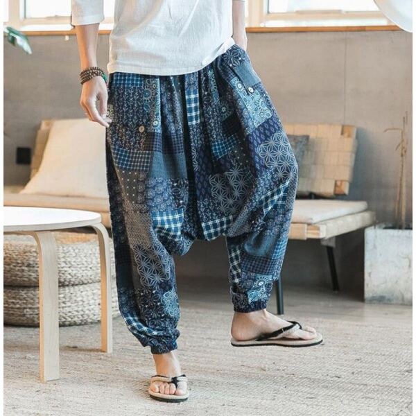 新品 パッチワーク 青 アジアン エスニック サルエルパンツ アラジンパンツ ダンス ヨガ ウエストゴム メンズ イージーパンツ