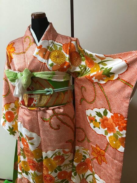 正絹 振袖 袋帯 セット販売 美品 古典 絞り風 金駒刺繍