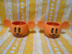 ♪ディズニー美品東京ディズニーリゾートハロウィン2010陶器製ミニーマウス型２個カップセットオレンジ