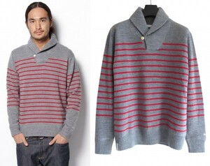 DELUXE CLOTHING shawl color pull over border wool 100% knitted S Deluxe gray × red SNOWDROP