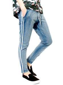 ジョガーパンツ メンズ サイドライン カットデニム スリム ストレッチ スウェット アンクルパンツ XL ブルー(2)