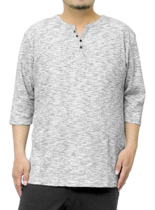 【新品】 4L 杢ブラック 7分袖 Tシャツ メンズ 大きいサイズ ヘンリーネック 無地 ランダム テレコ素材 ストレッチ カットソー