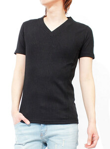 【新品】 S ブラック(半袖) Tシャツ メンズ 大きいサイズ 小さいサイズ Vネック 半袖 無地 テレコ素材 ストレッチ カットソー
