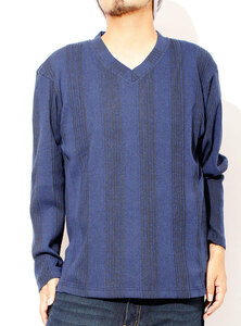 【新品】 3L ブルー Tシャツ メンズ 大きいサイズ Vネック 長袖 無地 テレコ素材 青 赤 大きい 長袖Tシャツ コットン
